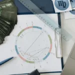 Kartu tarot dan peta natal astrologi di atas meja, cocok untuk tema zodiak dan astrologi